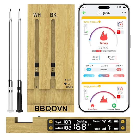 BBQOVN Smart Wireless Meat Thermometer,WiFi Unlimited Range Sub-1G (10X Stronger Than Bluetooth) 7 NIST-Certified Sensors ±0.5°F Accuracy with Smart Base for BBQ (Honey Bamboo, 1PACK)