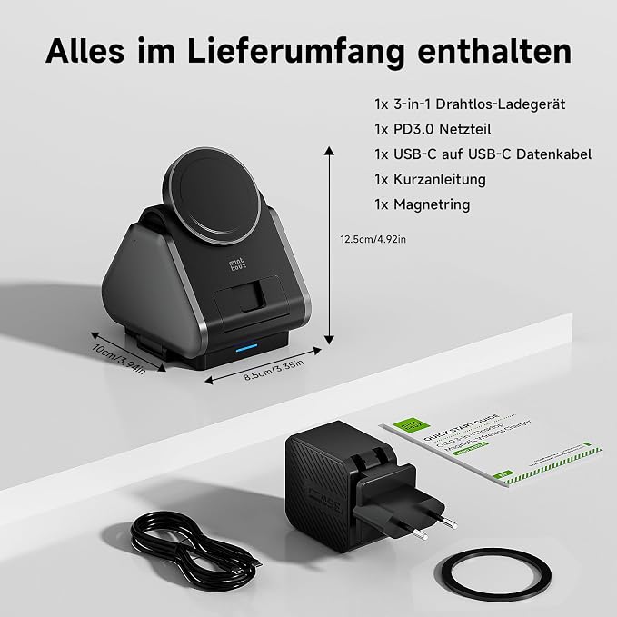 3 in 1 Charging Station, Mag Safe Wireless Charger Stand, Qi2-enable, 15W Multiple Device Magnetic Charging Station for iPhone 16,15,14,13,12 Series, Apple Watch, AirPods (USB-C Charger Included)