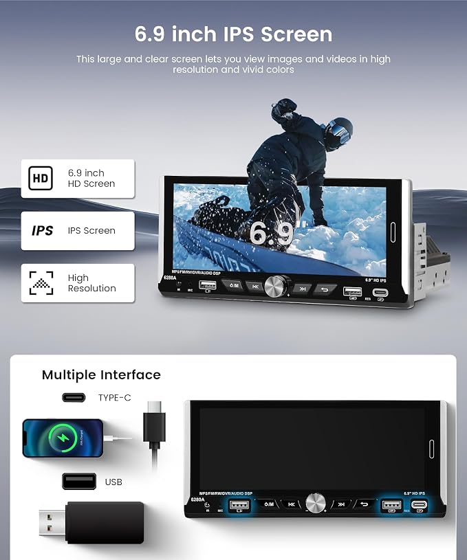 2G+64G Android Single Din Car Radio Stereo, Wireless CarPlay Android Auto, 5G WiFi GPS, 6.9 inch IPS HD Touchscreen Radio, Bluetooth DSP, AHD Backup Camera, FM/RDS SWC, USB Type-C Charging