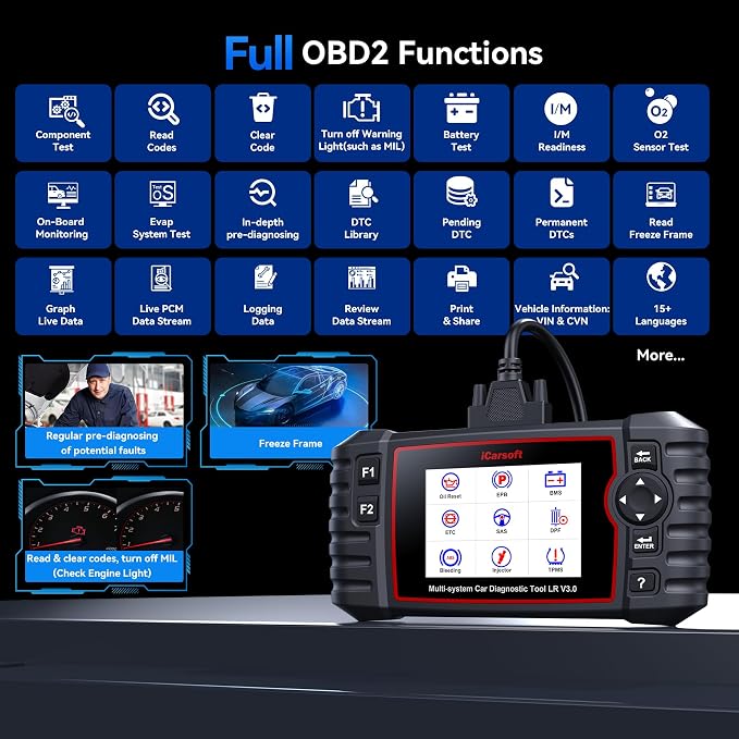 iCarsoft LR V3.0 2026 Version Bidirectional OBD2 Scanner for Most Land Rover/Jaguar from 1996-2023 Full Systems 37 Service Diagnostic Scan Tool Graphic Data Car Code Reader with Lifetime Free Update