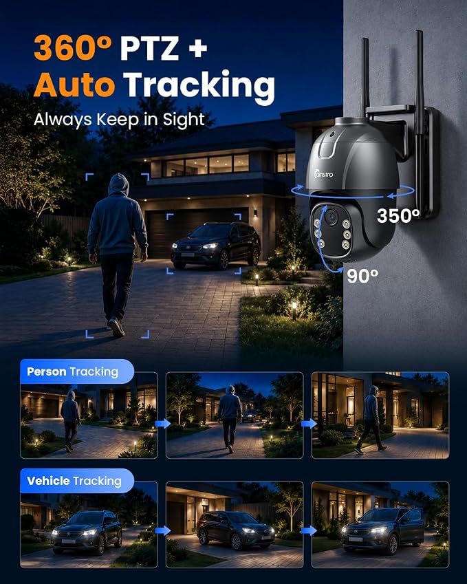 4G LTE Cellular Solar Security Camera with SIM Card AOV 24/7 Recording 360° PTZ Camera Outdoor Wireless with Auto Tracking 12000 Capacity Battery Color Night Vision PIR Detection IP66 No WiFi