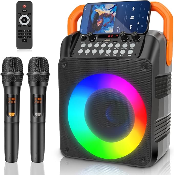 Karaoke Machine with 2 Wireless Microphones, Portable Bluetooth Karaoke Speaker for Adults & Kids with Strobe Lights, Karaoke Microphone with PA System Supports TWS/USB/TF/REC/FM/AUX