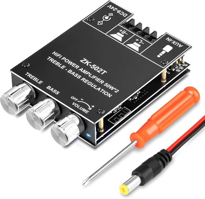 Daakro ZK-502T Bluetooth Amplifier Board,50W+50W 2.0 Channel Amp Board with Treble and Bass Control,DC 12-24V, Bluetooth and AUX Inputs, Audio Amp Board for Home DIY Wireless Speakers, Password Free