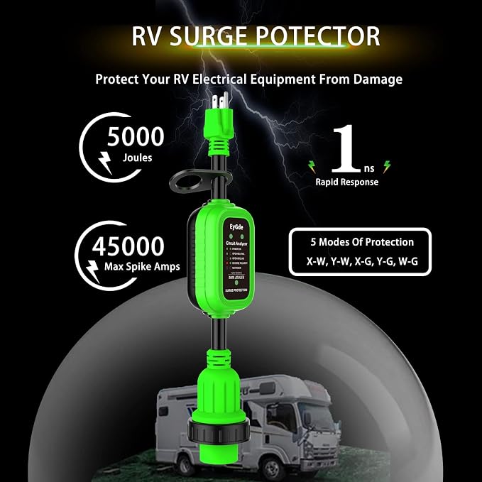 EyGde 30 Amp to 15 Amp 110 RV Adapter with Surge Protector, Patented 15 Amp Male to 30 Amp Female Adapter with Twist Locking Connector, Circuit Analyzer Voltage Protector for Camper Travel Trailer