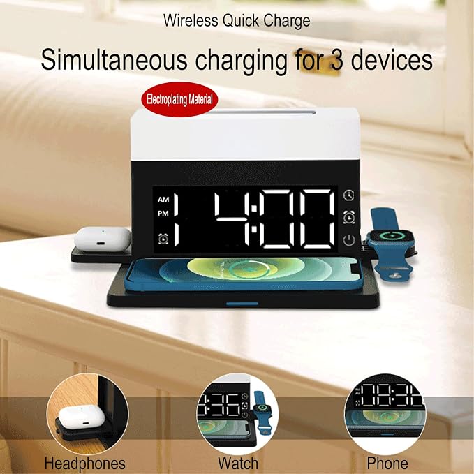 6 in 1 Wireless Charger, 15W Fast Charging Station with Digital Clock, Alarm & Night Light, Multi-Device Charging Dock for Phone/Smartwatch/Earbuds, RGB Ambient Light, N65 White.