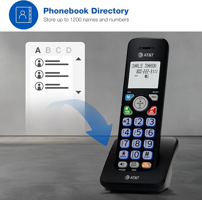 AT&T Accessory Handset for DL72X79 Series Cordless Phone with Bluetooth Connect to Cell, DECT 6.0, Big Buttons, Unsurpassed Range, ECO Mode, Backlit Display, Supports Up to 5 Total Handsets: DL70079