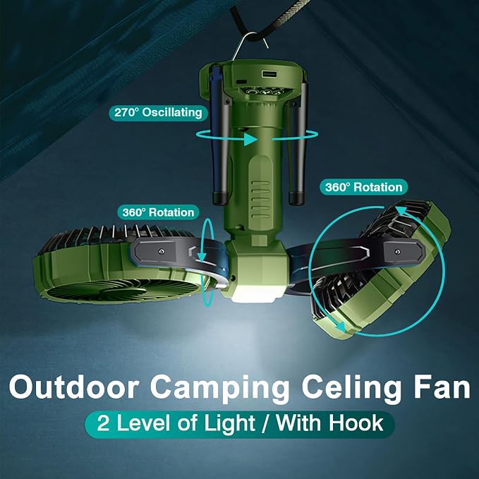 10000mAh Outdoor Camping Fan, Oscillating Battery Operated Tent Fan with LED Lantern, Dual Head Rechargeable Tent Ceiling Fan with Tripod & Hanging Hook - Green