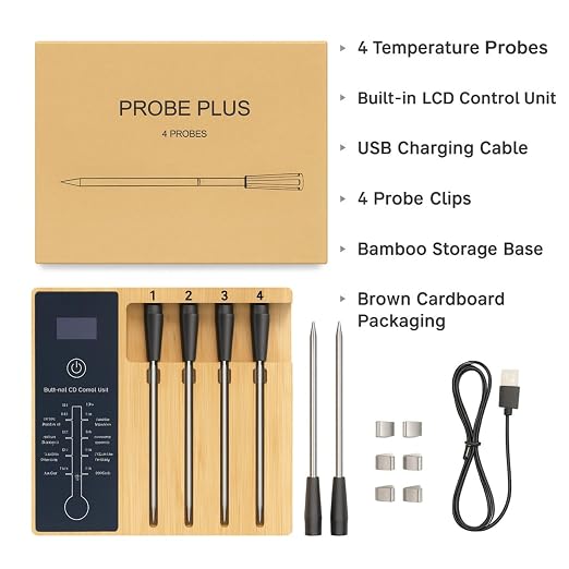 Bluetooth Meat Thermometer | Digital Wireless Meat Thermometer with Ceramic Ultra-Thin 4 Probes| Remote Range- Real time Reading | Monitor Meat Temp for BBQ Upto 300°C (572°F) App for iOS Android