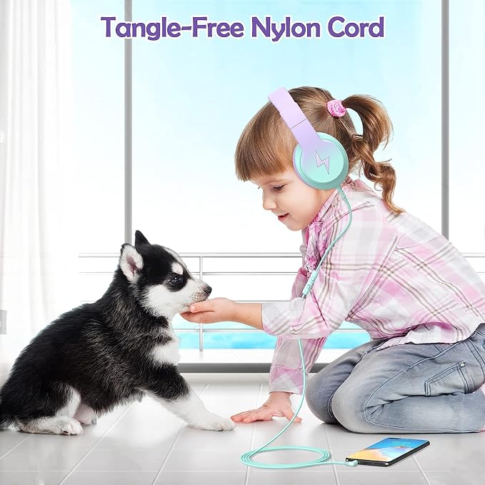 Candy Bila Kids Headphones, Wired Headphones for Kids Over Ear with Microphone, Foldable Headphone for Learning & Entertainment, Gradient Purple