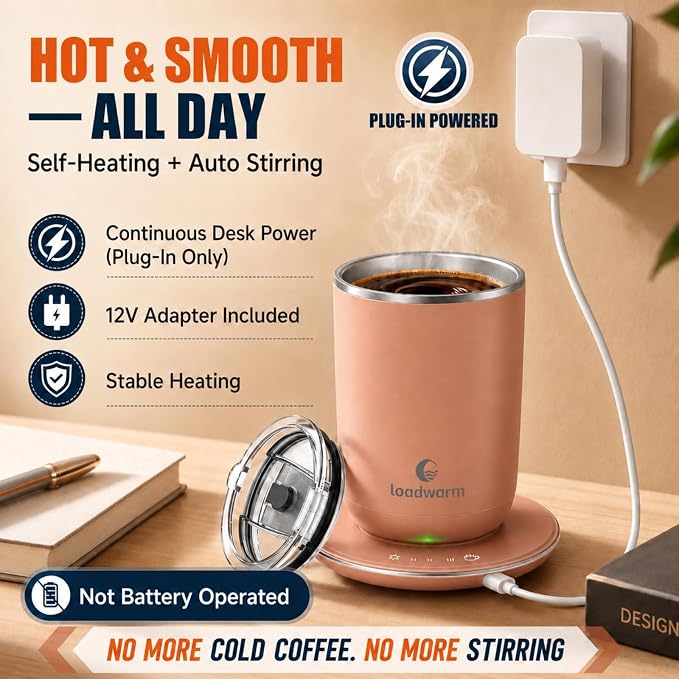 Self Heated Stirring Coffee Mug, 10oz Auto Mixing Cup with Warmer, Rose | 3 temp settings, food-grade stainless steel interior, 8-hour auto shut-off, plug-in desk mug with Warmer for office home