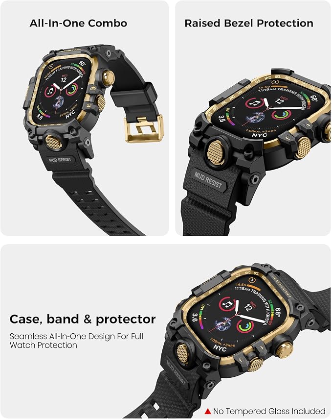 amBand Rugged Case with Band for Apple Watch 44mm, Compatible with iWatch Series SE 3/SE 2nd Generation/SE/6/5/4, Military Grade Shockproof Bumper Cover, Tactical Band for Men, Black Gold