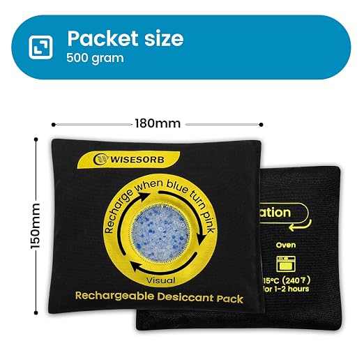 Wisesorb 500g Reusable Silica Gel Desiccant Packs, Rechargeable Dehumidifier Moisture Absorbers with Color Indicator for Storage, Gun Safes, Suitcases, 3D Printing Filaments, Electronics, Car [2 Pack]