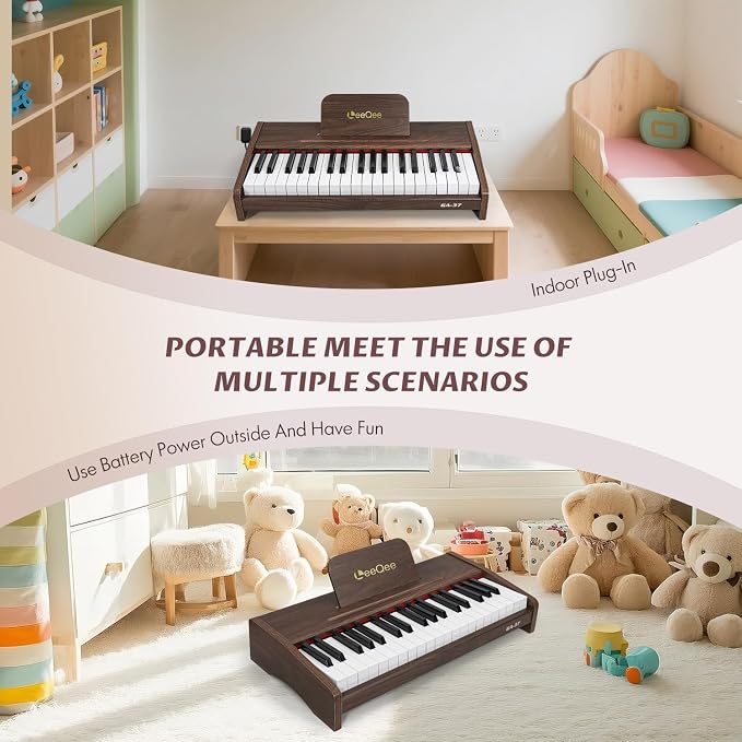LeeQee 37-Key Wooden Kids Piano Keyboard Education Instrument Toy for Kids | Electronic Music Toy with Pro Sound, Educational Learning Modes - Best Toddler Educational Gift for Musicians 3+