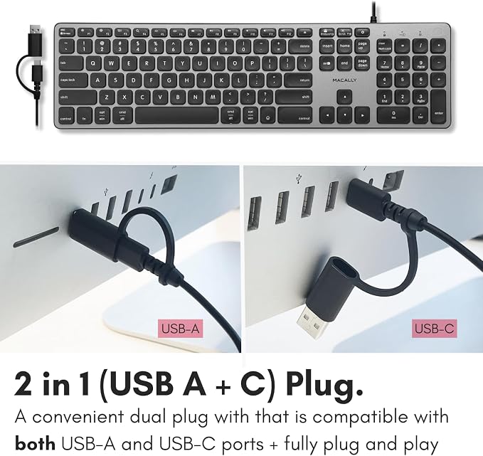 Macally Wired Keyboard for Mac with USB Hub (2X USB-A / 1x USB-C) - Compatible Backlit Apple Keyboard with Dual Interface - Auto OS Detection for Mac, MacBook Pro/Air, iMac, PC, Android, iPad, iOS