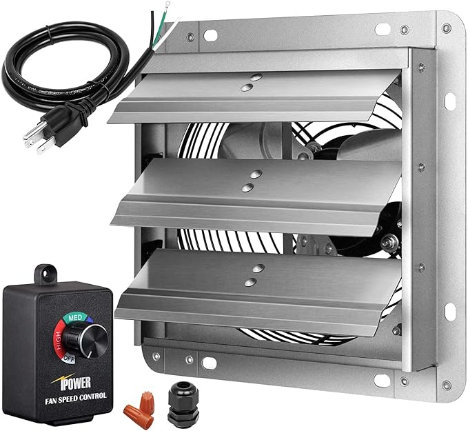 Simple Deluxe 14 Inch Wall Mounted Shutter Aluminum Exhaust Fan with Speed Controller and Power Cord Kit, 1600 RPM, 1000 CFM, for Attic, Garage, Louvered Vent, Plant, Greenhouse, Silver