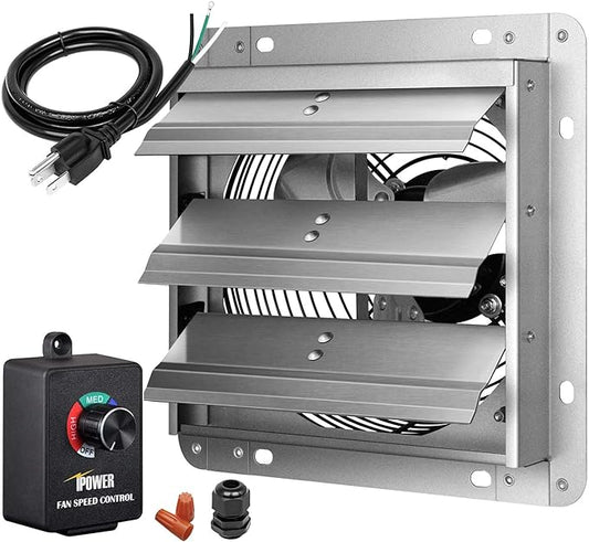 Simple Deluxe 14 Inch Wall Mounted Shutter Aluminum Exhaust Fan with Speed Controller and Power Cord Kit, 1600 RPM, 1000 CFM, for Attic, Garage, Louvered Vent, Plant, Greenhouse, Silver