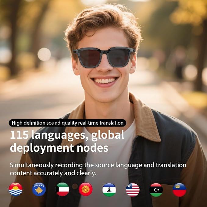 AI Smart Glasses for Men Women- Real-Time Translation (165+ Languages), Noise Cancelling, Open Ear Bluetooth Glasses, Polarized UV400 Smart Sunglasses, Auto On/Off Head Detection - Grey