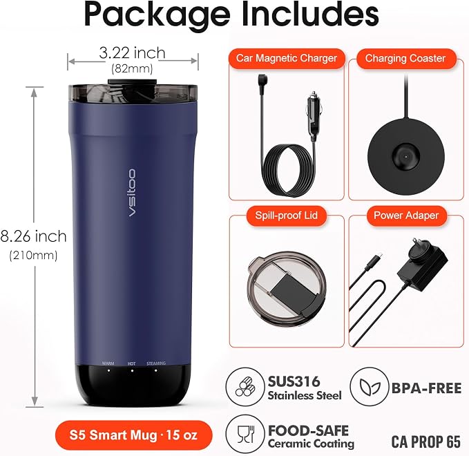 Vsitoo S5 Self Heating Travel Mug 16oz, Rechargeable Coffee Mug with Car Charger Kit, AI Auto-Sensing Temp Control Heated Cup for Home Office Car, App Control, Gift Women Men - Blue