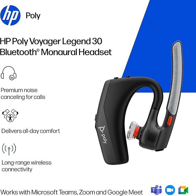 Poly Voyager Legend 30 - Bluetooth Headphones with Mic - Discreet Boom & 4 Noise-Canceling Mics - WindSmart Technology - All-Day Comfort - Seamless Connectivity - Smart Sensors & Call Controls