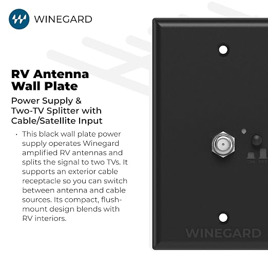Winegard RV-8032 Wall Plate Power Supply – Black – RV Antenna Power & 2-TV Splitter with Cable Input