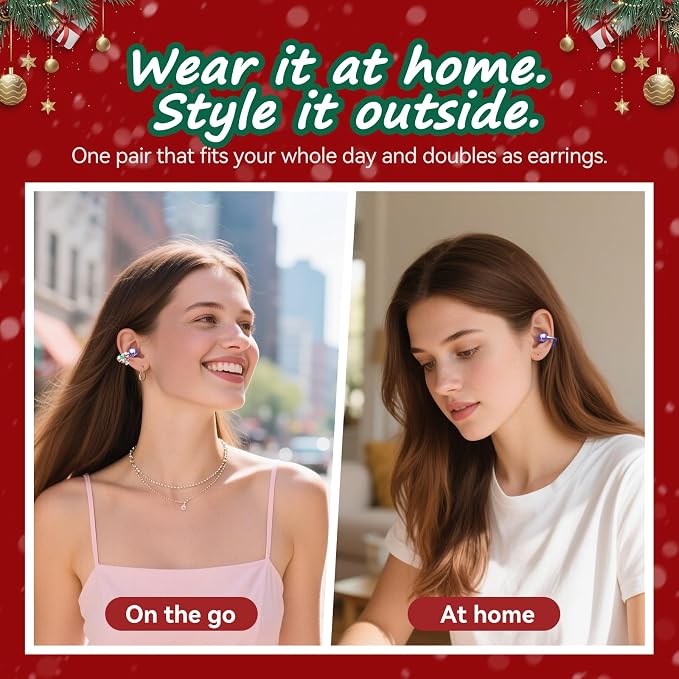 Kinglucky Open-Ear Clip-On Earbuds for Women with Detachable Holiday Bows, All-Day Comfort, Secure Fit, Lightweight Bluetooth 5.4 Wireless Earbuds 50H Playtime, Gift for Her, Clear Calls, Purple