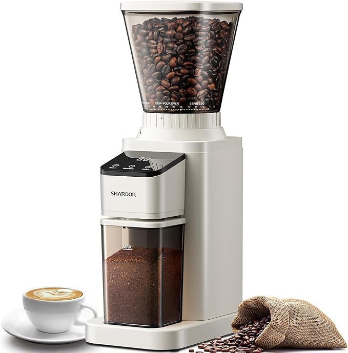 SHARDOR Professional Conical Burr Coffee Grinder, Coffee Bean Grinder with 48 Grind Settings for Espresso, Drip & French Press, Upgraded Anti-Static Technology, Precision Timer, White