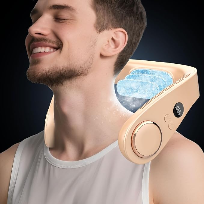 Neck Fan with Semiconductor Cooling Plate, Rechargeable 5500mAh Battery, LED 5 Speeds & 3 Cooling Modes Display, USB Personal Cooling Device Gift for Hot Weather Mother’s Day Father’s Day, Apricot