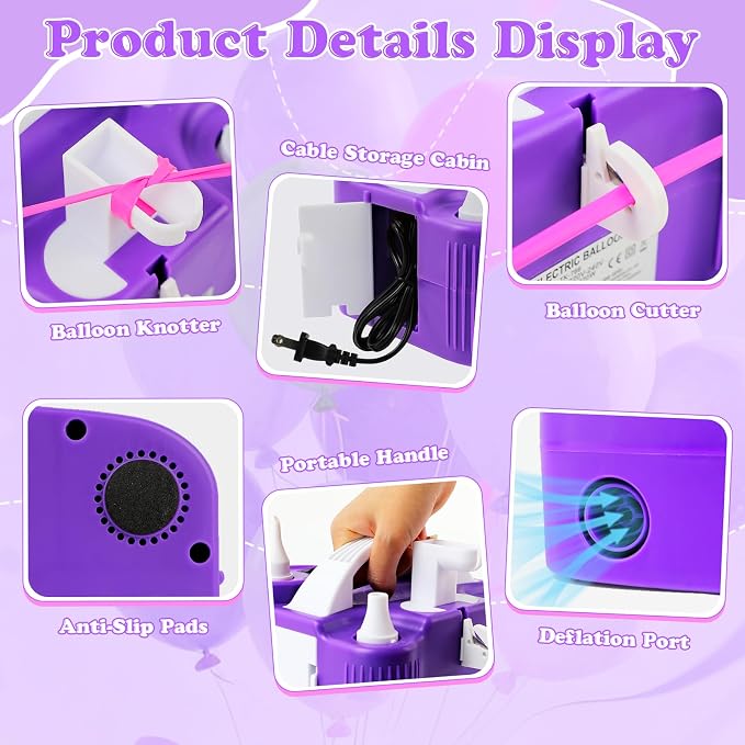 Electric Balloon Pump 4-in-1 Air Pump Portable Electric Balloon Blower Machine Dual Nozzle Quick-Fill 110V AC Inflator Deflator for Balloons Pool Floats Air Mattress Inflatables