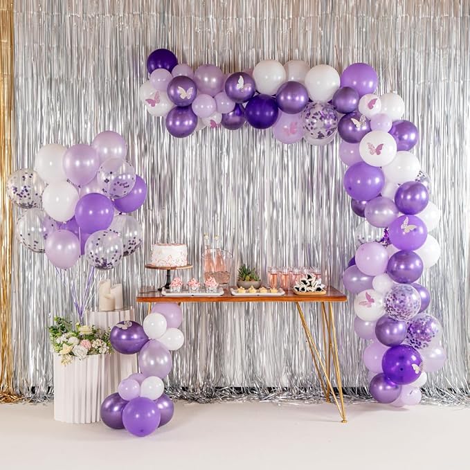 Restaurantware-Balloonify Balloon Garland Set, 1 Party Decoration Kit - 110 Balloons, With Chain, Confetti Purple & White Latex Balloon Arch Kit, Includes Glue Dots, Ribbon & Knot