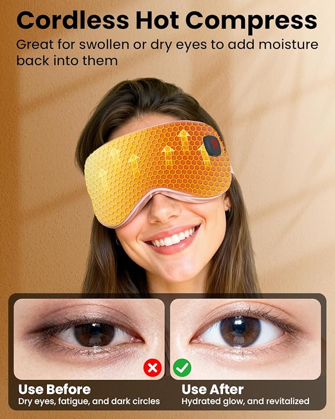 Cordless Heated Eye Mask with 1500mAh Large Battery, 4 Heat Levels & 100% Blackout for Dry Eyes Relief, Fast Heating Eye Heating Pad with 2 Washable Covers for Sleep, Travel, MGD, Blepharitis