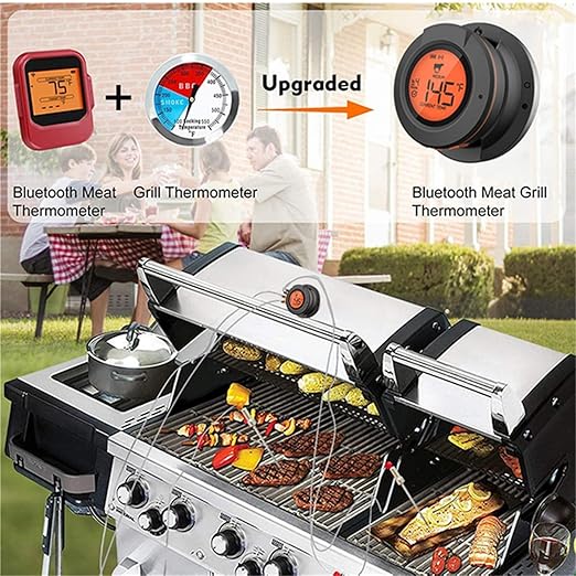 Bluetooth Digital Grill Thermometer, Smart Grill Gauge Thermometer with 4 Meat Probes, Real Time Monitoring BBQ Smoker Thermometer for Kamado Joe Grills Smoker Big Green Egg