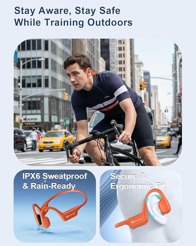 Bone Conduction Headphones, Open Ear Wireless Bluetooth Headphones with Mic, IPX6 Waterproof Sports Headphones for Running, Cycling & Outdoor Work, 15H Playtime X13 (Orange)