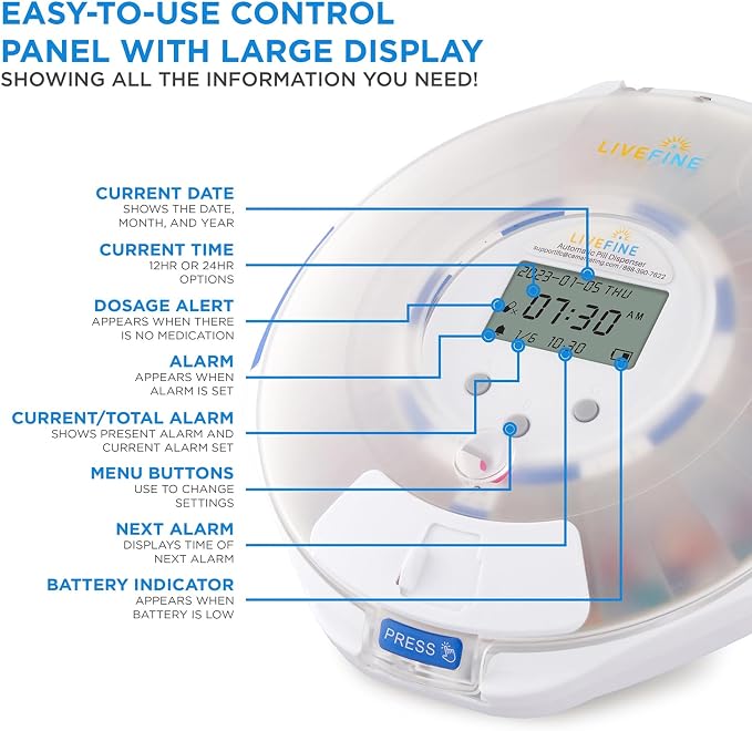 LiveFine Automatic Pill Dispenser with 28-Day Electronic Medication Organizer, 6 Dosage Rings, LCD Display with Sound & Light Alerts, Key & Magnifying Glass for Prescriptions, Vitamins & Supplements