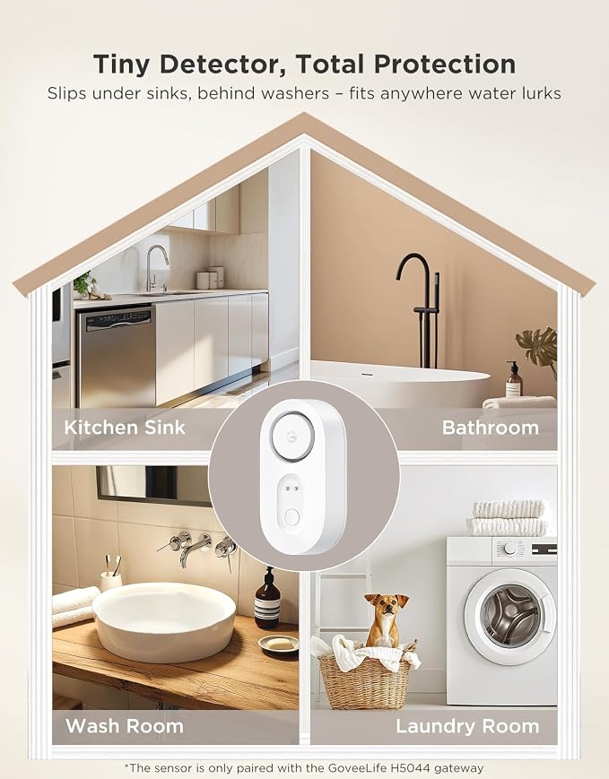GoveeLife Upgraded Smart Water Leak Detector 1s with 1804ft Ultra-Long Range, WiFi Water Sensor with SMS/Email/APP Push and Sound Alarm,5-Year Battery Life, 4 Pack, Suit for Home, Basement, Kitchen