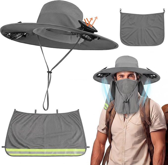 Sun Hat with Fan for Women Men Wide Brim Fishing Solar Hat with Face Cover Neck Flap Reflective with Dual Power