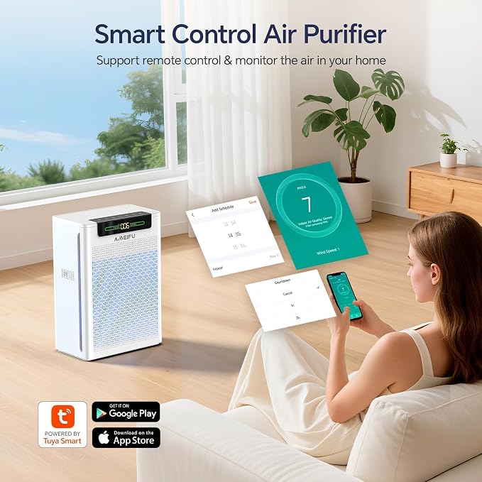 AMEIFU Air Purifiers for Home Large Room up to 3000sq.ft, H13 True Hepa Air Purifiers for Pets Hair, Dander, Smoke, Pollen, 3 Fan Speeds, 5 Timer Air Cleaner