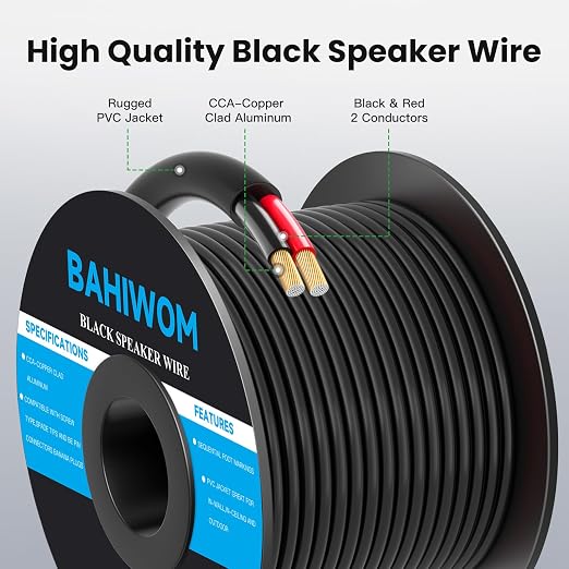 12 Gauge Speaker Wire 30 Feet CL3 Related CCA Black Cable with 2 Conductors for Outdoor Direct Burial Backyard Garden Home Car in-Wall Speaker
