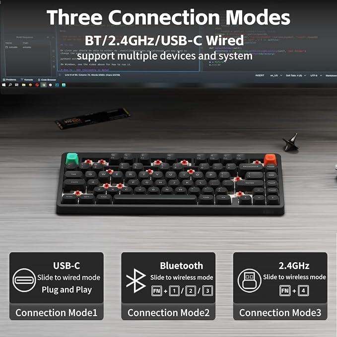 NuPhy Node75 Wireless Mechanical Keyboard, 75% Hot Swappable Custom Keyboard, 82 Keys Computer Gaming Keyboards, Supports Touch Gestures, PBT Keycaps, RGB Backlit, Bluetooth/2.4GHz/USB-C