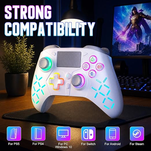 Gamrombo LED Wireless Controller for PS5, with Macro/Turbo | Gaming Controller with PS4/PC/Switch, Hall Triggers, Hall Joysticks, Dual Vibration, 2.4g Adapter, 3.5mm Audio Jack