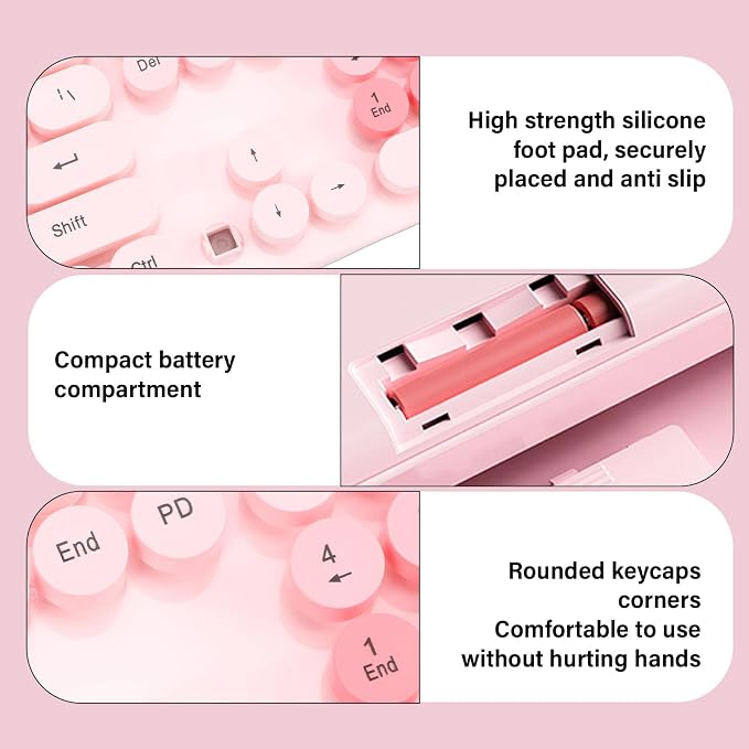 Wireless Keyboard and Mouse Combo, 2.4GHz Plug and Play with Retro Typewriter Style Round Keycaps, 104 Keys with Numeric Pad, for PC Laptop Desktop (Pink)