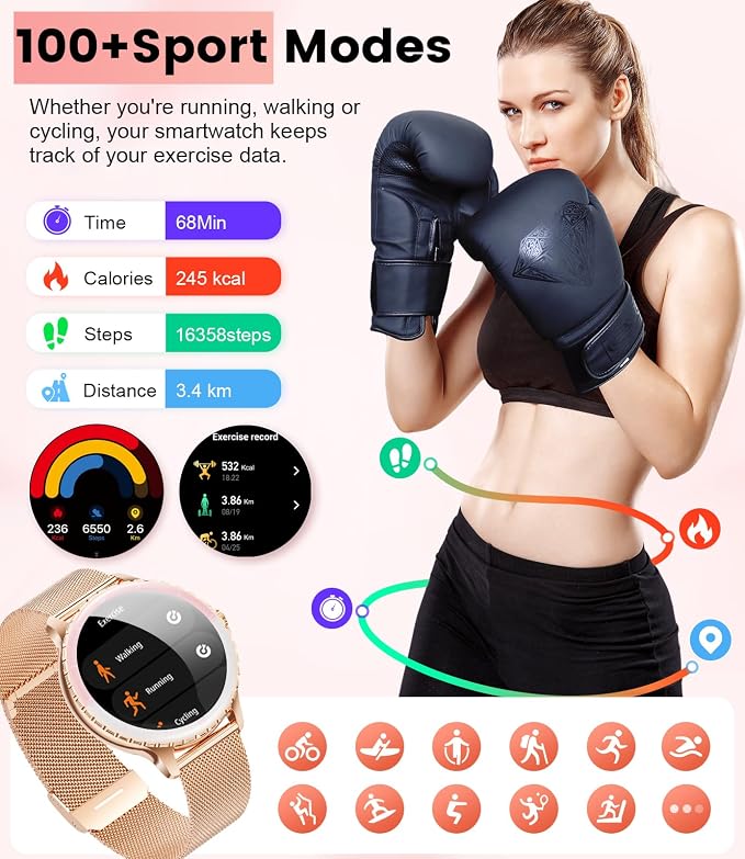 SUNKTA Smart Watch for Women (Answer/Make Call),1.27" Curved Display Smartwatch with Female Cycle/Sleep Monitor,5ATM Waterproof Fitness Tracker 100 Sport Modes Pedometer for Android/iOS,Gold