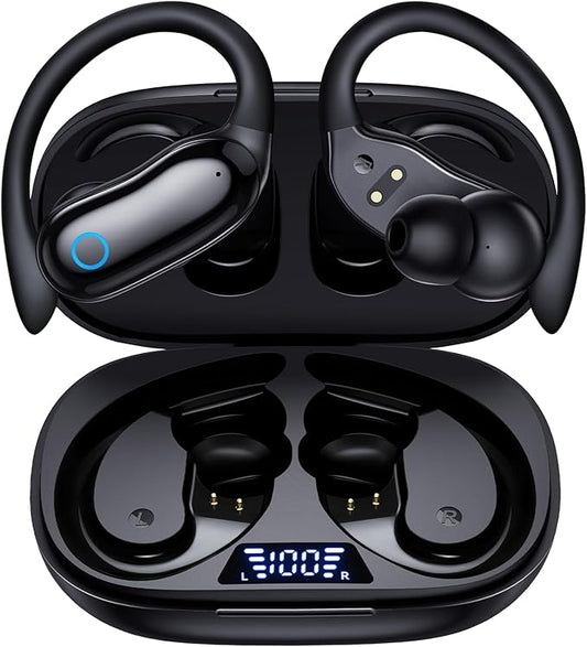 GNMN Active Noise Cancelling Ear Buds Wireless Earbuds 96hrs Playback Bluetooth Headphones Dual Battery Display Stereo Bass Earphones with Earhooks Microphone IPX7 Waterproof for Sports/Workout