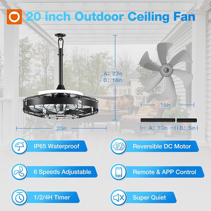 addlon 20 Inch Outdoor Ceiling Fan with Light for Patio, IP65 Waterproof Plug in Caged Hanging Fan, Remote Control, 3000-6000K Dimmable, 6 Speeds Reversible Outdoor Fan for Gazebo, Pergola, Porch