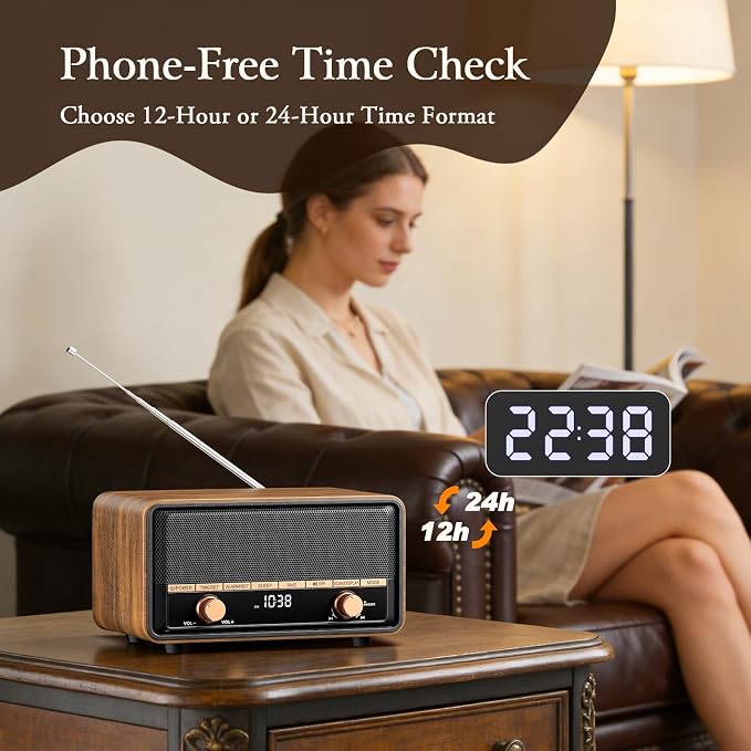 Vintage Wooden AM FM Radio with Bluetooth, Digital Clock Radio for Bedroom with 80 Station Presets, Tap to Snooze, Sleep Timer, Clear LCD Display for Home Office (Deep Walnut)