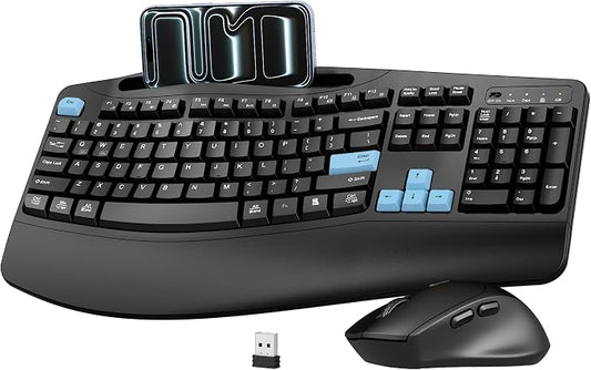 Wireless Keyboard and Mouse Combo, 2.4G Full Size Wave Keys Ergonomic Keyboard with Wrist Rest, Phone Holder, 3-Level DPI Wireless Silent Mouse with 6-Buttons, for Windows, Mac OS, Laptop (Blue Black)