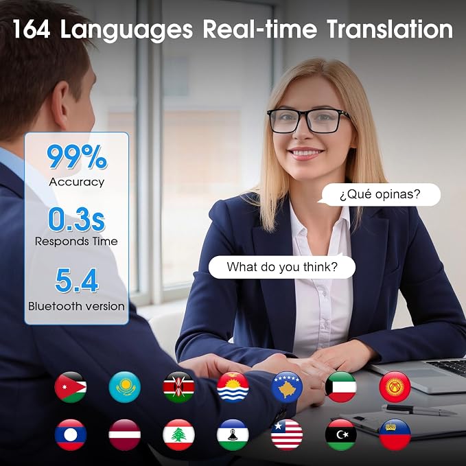 2026 Al Smart Glasses for Men Women - Bluetooth Translation Glasses with 164 Languages, Color-Change Lens, Music & Call, IP65 Waterproof, Free App,Audio Glasses for Meeting Driving Travel,Thin Temples