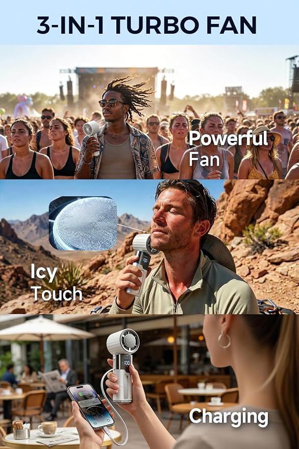 Elecshion Portable Handheld Fan, Cold Spot, Retractable USB-C Cable, 6000mAh Rechargeable Personal Turbo Fan, Powerful 100-Speed Wind, LED Display,135° Adjustable-Cooling on Table/Neck/Travel/Camping