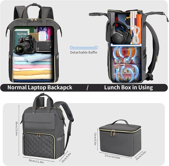 BERTASCHE Lunch Backpack for Women, 15.6 Inch Laptop Backpack with Insulated Cooler Lunch box, Nurse Backpack for Teacher Work Travel College Picnic,Grey
