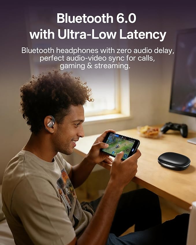 Open Ear Headphones, Over Ear Earbuds with Ear Hooks, True Wireless Bluetooth 6.0 Earphones with Mics, Stereo Sound, Ultra-Comfort, 60H Playtime, IPX7 Waterproof Ear Buds for Running Workout
