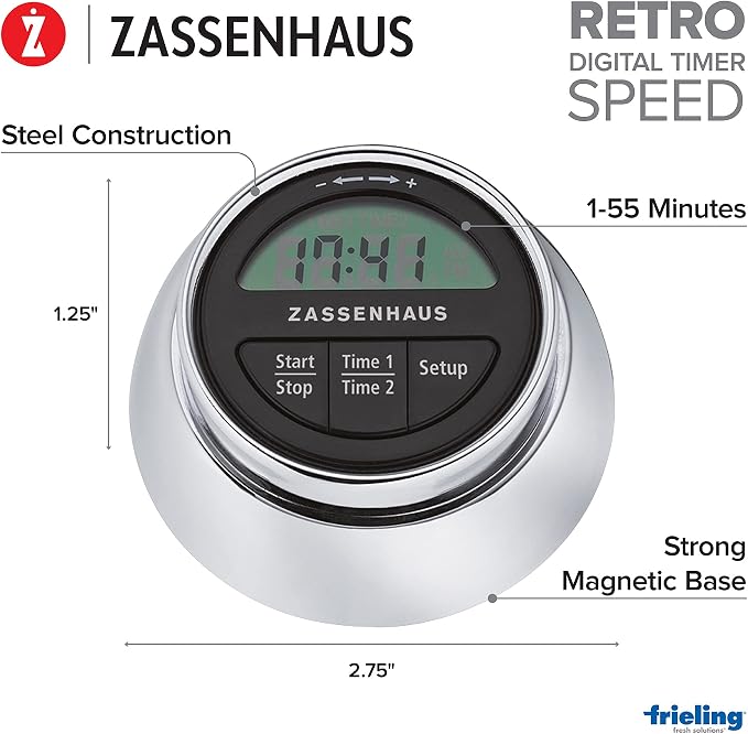 Zassenhaus Magnetic Retro Digital Kitchen Timer, 2.75-Inch, Silver, M072211